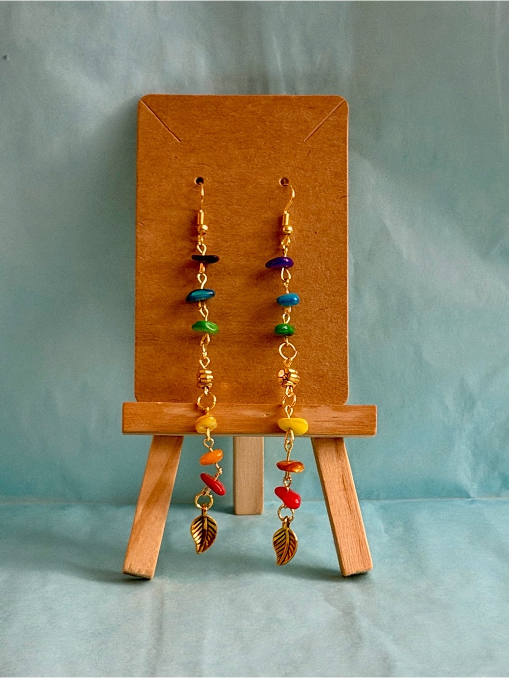 Hand-assembled Rainbow Bead Drop Earrings with Gold Leaf Charm